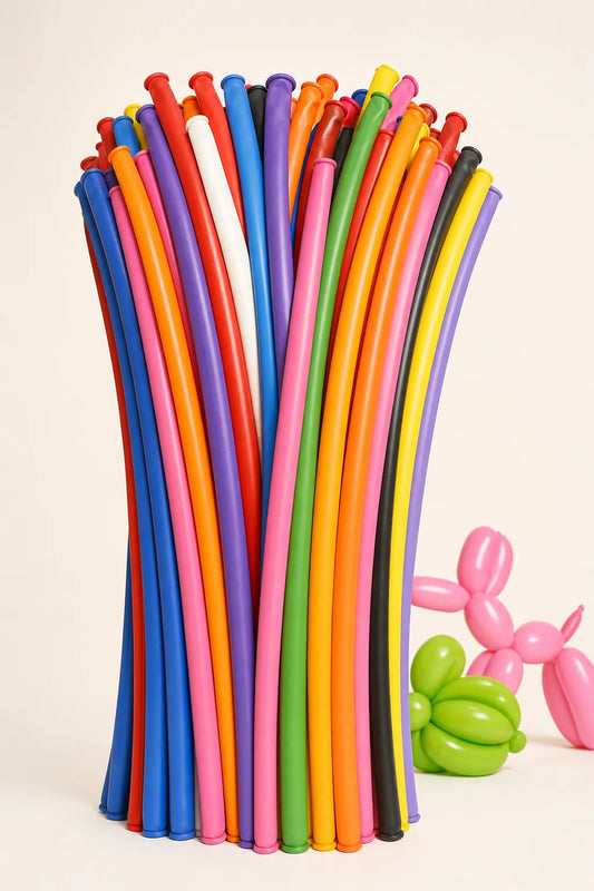 260S animal twist balloons in assorted colors in a professional product photo