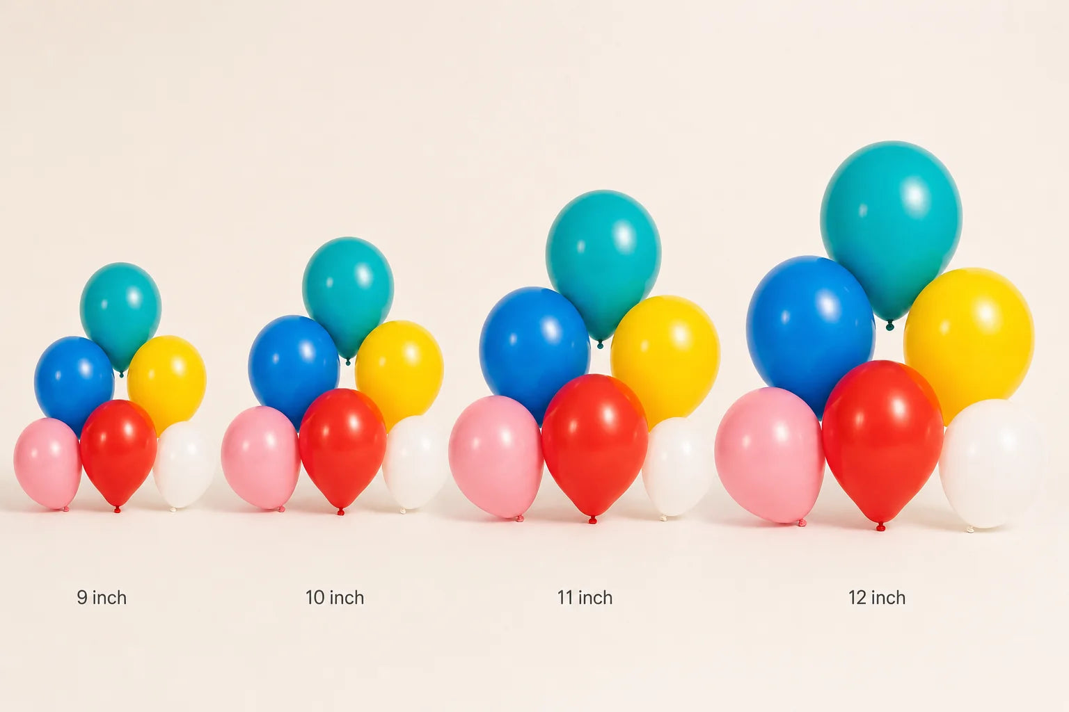 Plain latex balloon size comparison for 9, 10, 11, and 12 inch balloons