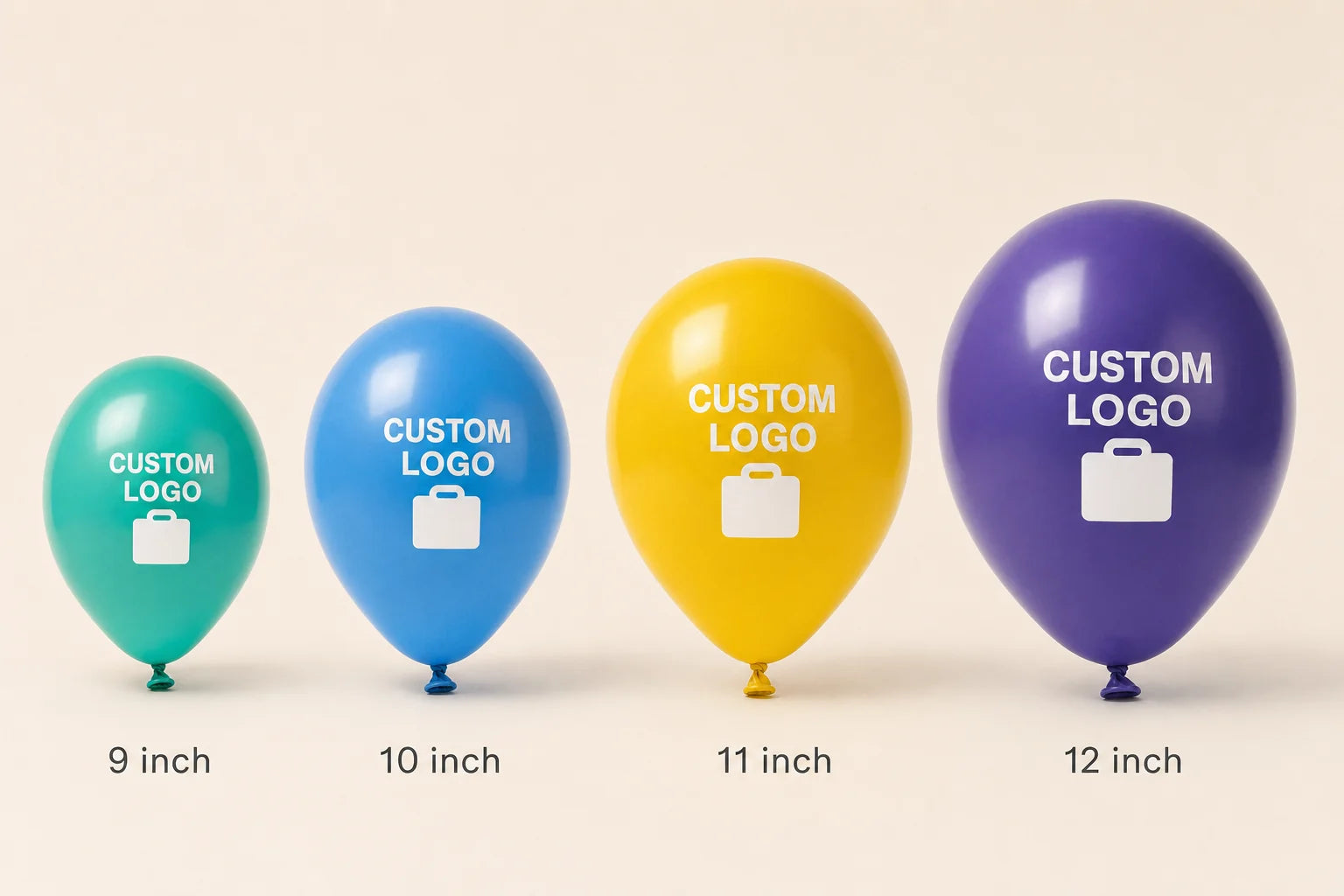 Custom logo balloon size comparison showing 9 inch, 10 inch, 11 inch, and 12 inch options