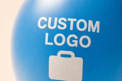 Close-up of one-color white custom logo print on blue latex balloon