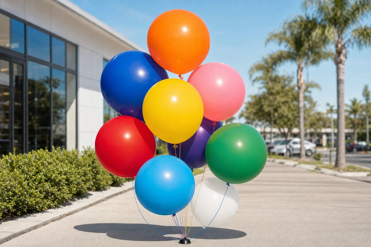 Assorted color outdoor plain balloons in a commercial outdoor setting