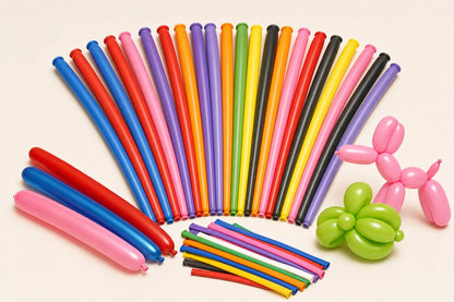 Assorted color 260S animal twist balloons arranged for product display