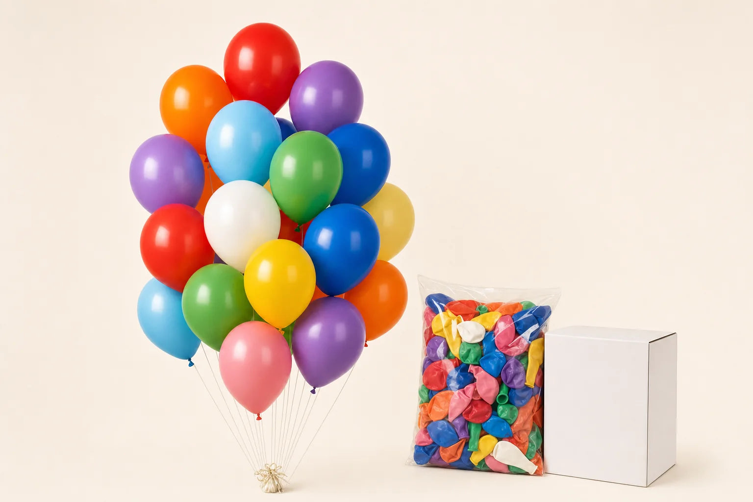 144 count plain helium balloon pack with inflated assorted balloons