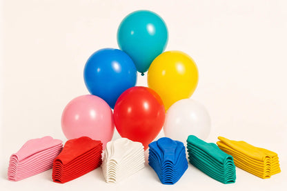 Plain latex balloon bulk pack with inflated assorted balloons