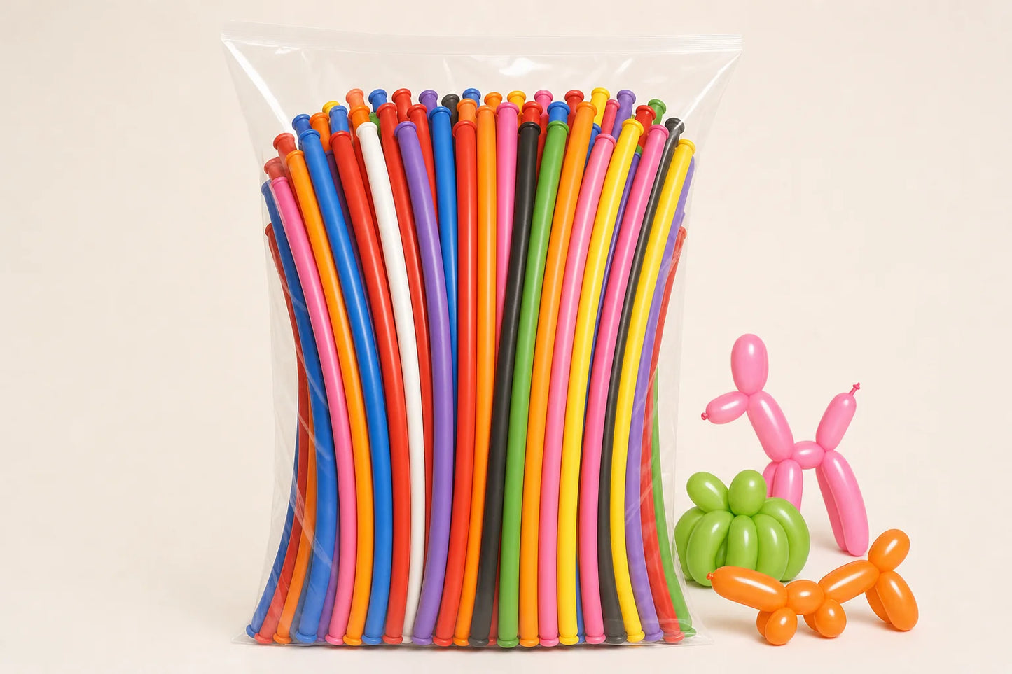 100 count 260S twist balloon pack with balloon animal examples