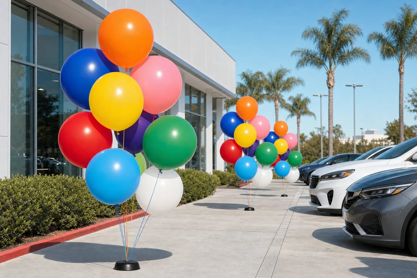 Outdoor plain balloons displayed at a car lot or storefront