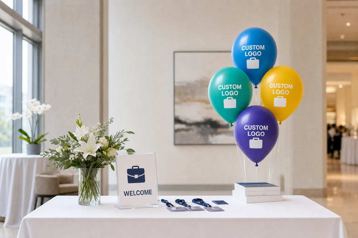 Custom logo balloons styled at a professional business event