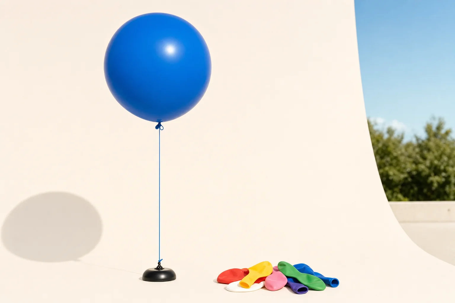 Outdoor plain balloon setup with base and uninflated balloons