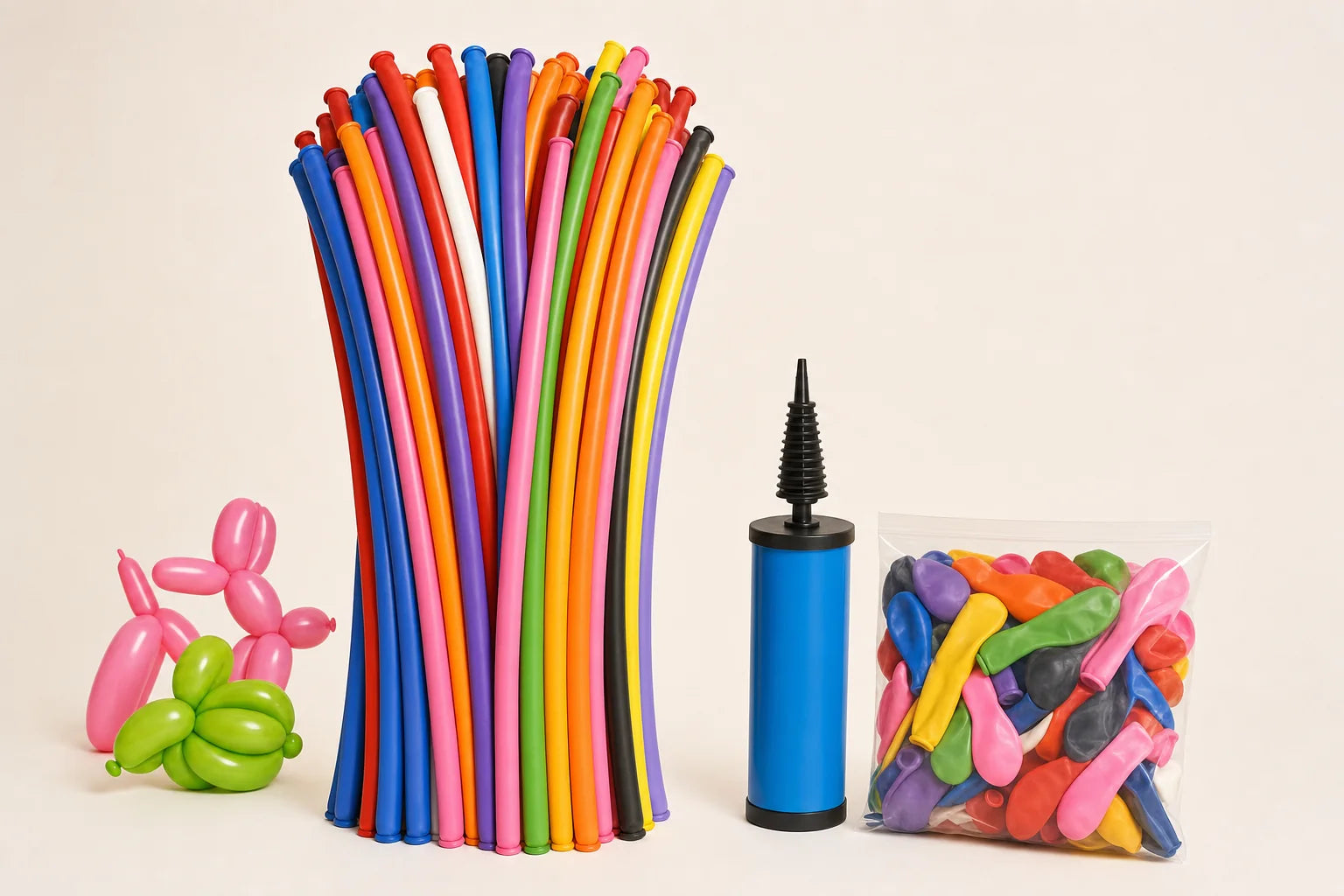 260S twist balloons with hand pump and assorted uninflated balloons