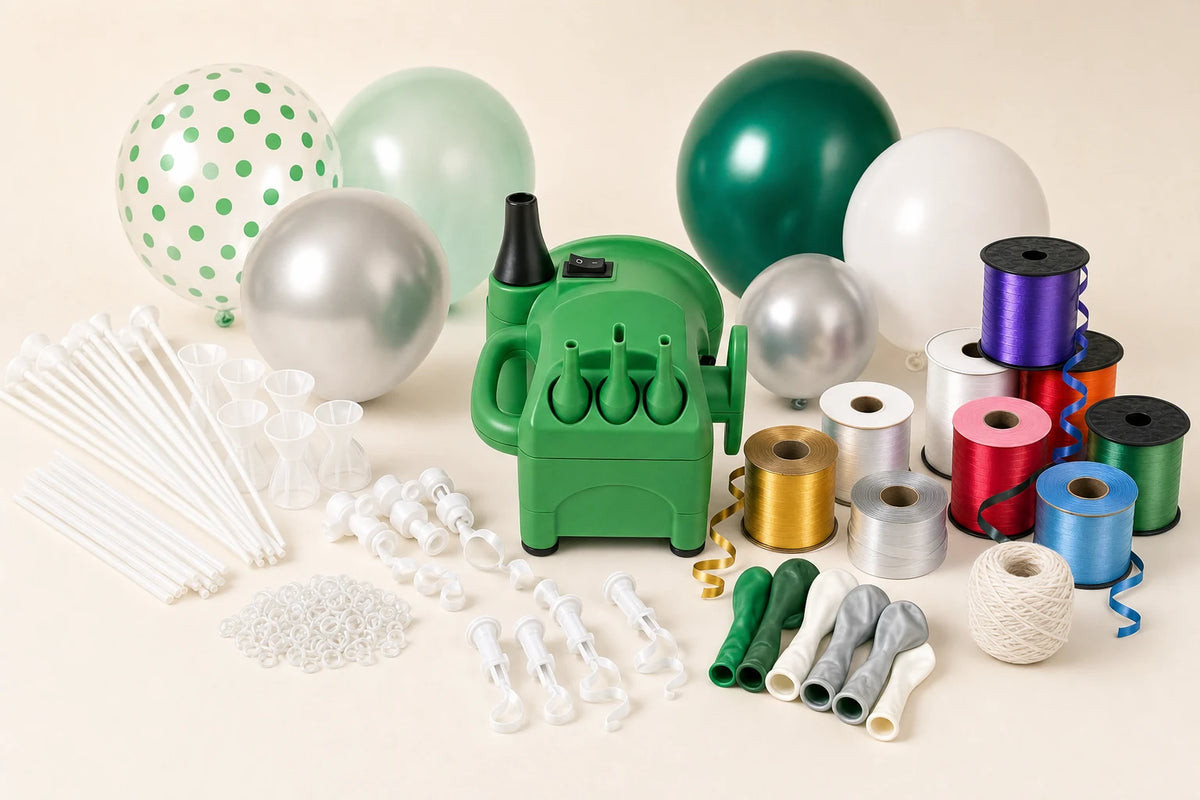 Balloon accessories including inflator, sticks, cups, ribbons, strings, clips, and valves