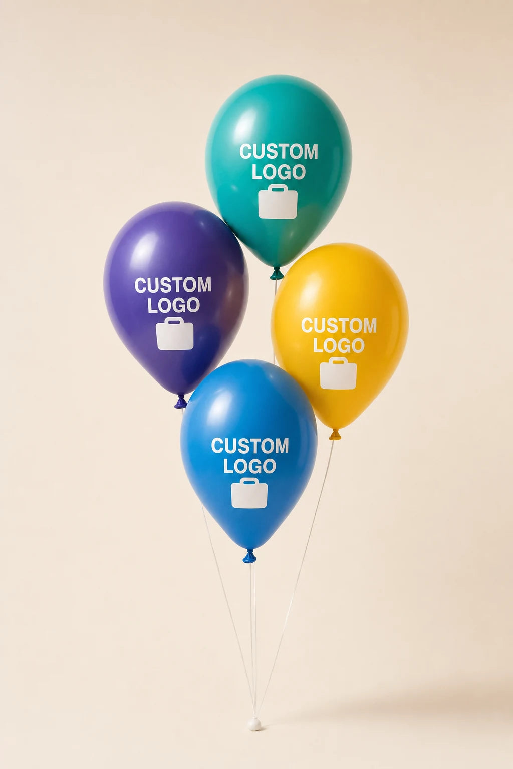 Custom logo balloons in teal, blue, gold, and purple with white custom logo imprints