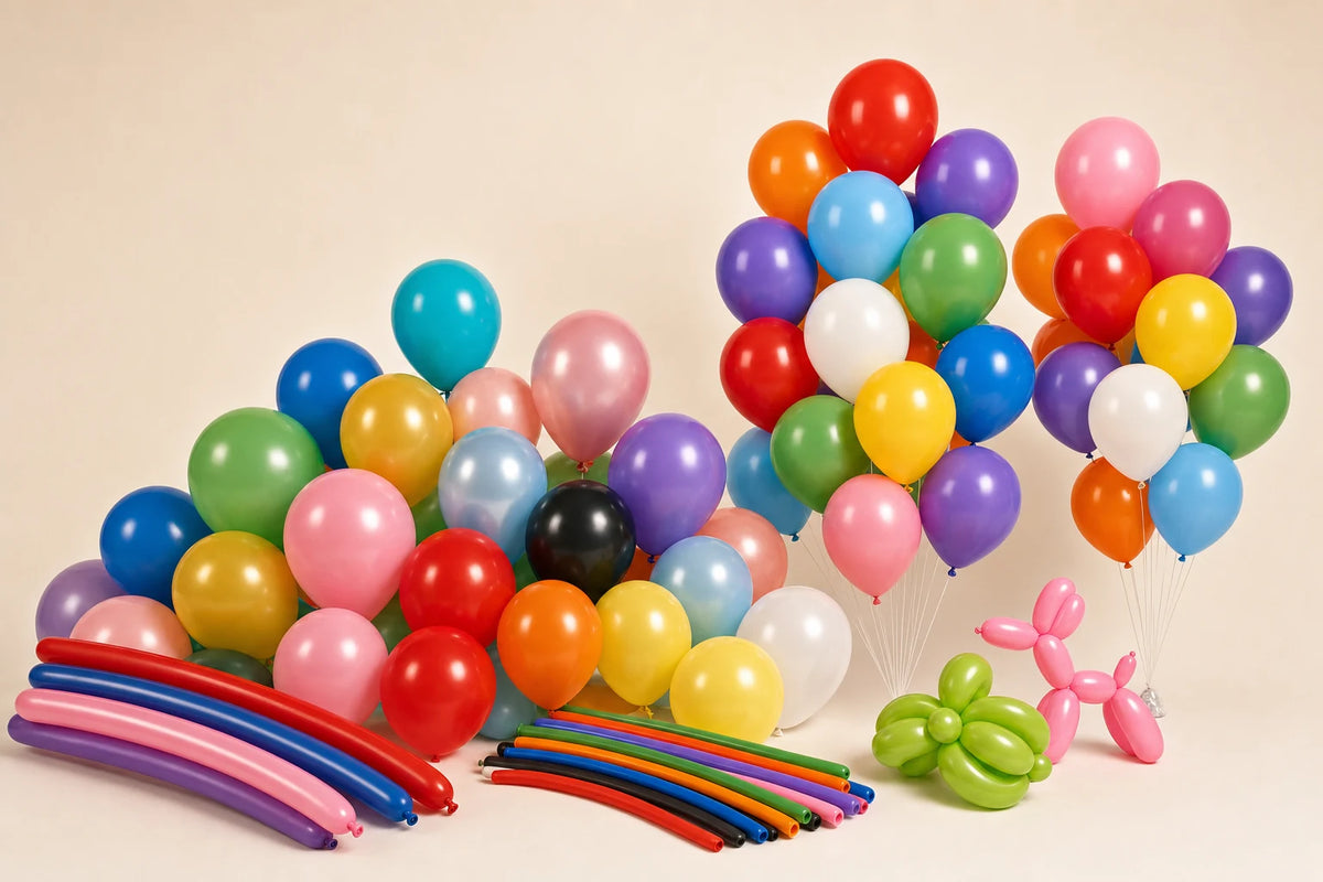 Assorted plain balloons including latex, helium, and twist balloon options