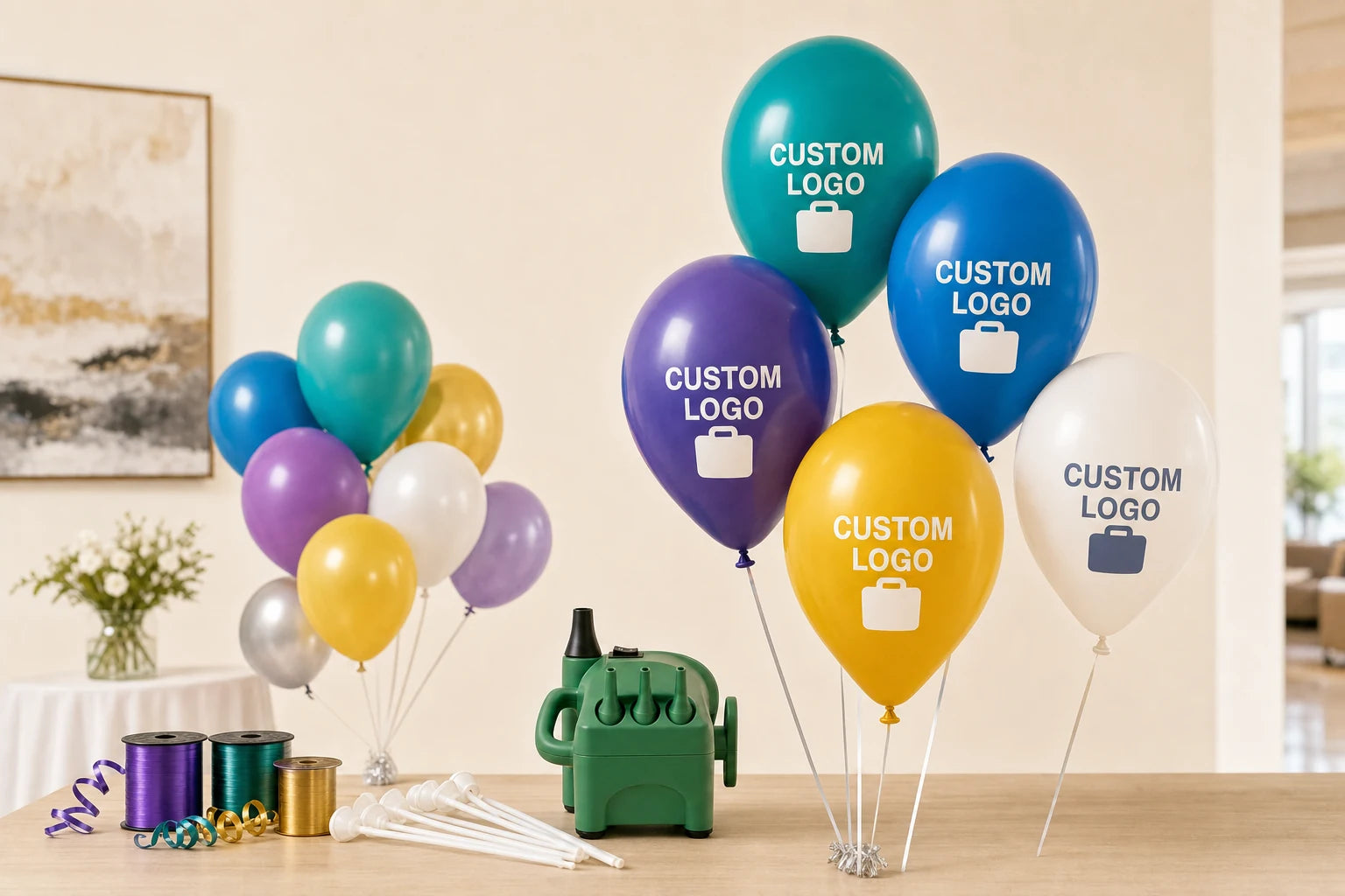 Custom logo balloons with plain balloons and setup accessories for professional events