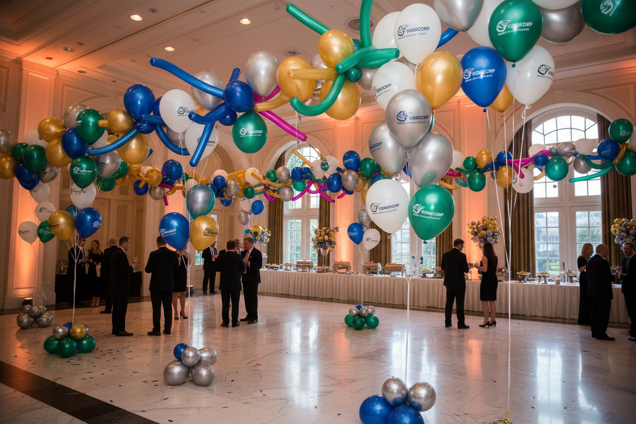 wide/horizontal photo of printed balloons with logos, ideally at an event or grouped nicely.